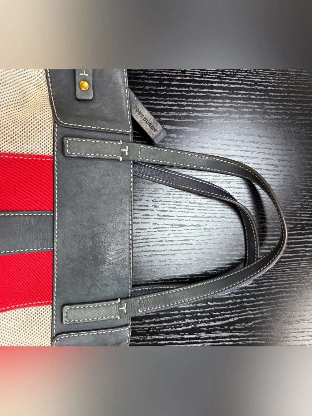 Tory Burch Canvas Tote with Red and Navy Stripe Accents nautical boat bag